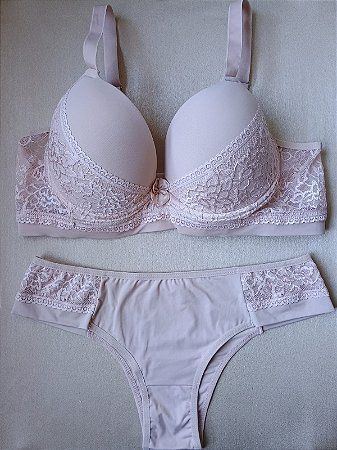 Lingerie conjunto de sutiã e calcinha plus size bege com bojo e aro