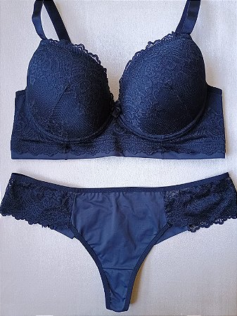 Lingerie conjunto de sutiã e calcinha plus size preto com bojo e aro