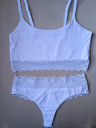 Lingerie conjunto de sutiã estilo top e calcinha em renda branca