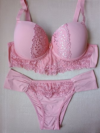 Lingerie conjunto de sutiã e calcinha tanga com renda rosa romance