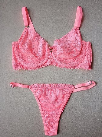 Lingerie conjunto de sutiã e calcinha renda rosa frutilly sem bojo com aro