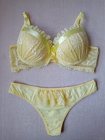 Lingerie conjunto de sutiã e calcinha renda amarela com bojo e aro