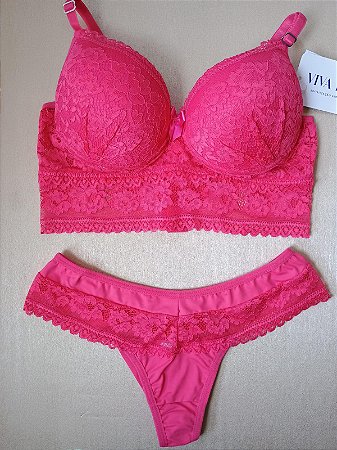 Lingerie conjunto de sutiã e calcinha renda rosa frutilly com bojo e aro