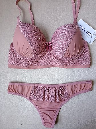 Lingerie conjunto de sutiã e calcinha renda rosa antigo com bojo e aro