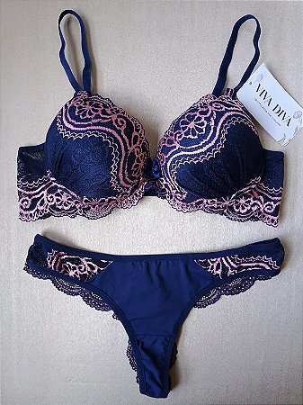 Lingerie conjunto de sutiã e calcinha renda azul marinho e rosa com bojo e aro
