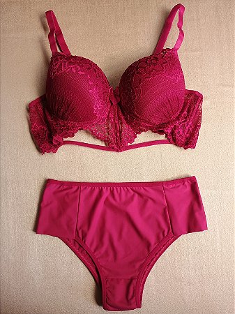Lingerie conjunto de sutiã e calcinha com renda vinho com bojo e aro