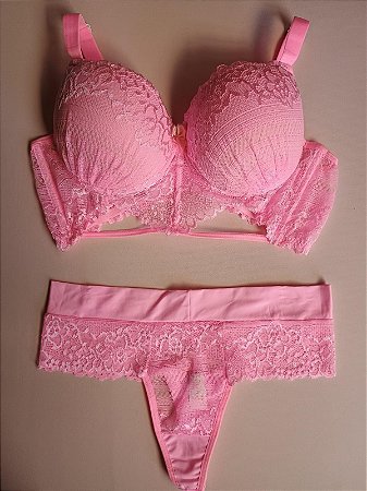 Lingerie conjunto de sutiã e calcinha com renda rosa com bojo e aro