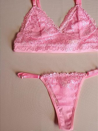 Lingerie conjunto de sutiã e calcinha renda rosa sem bojo e sem aro
