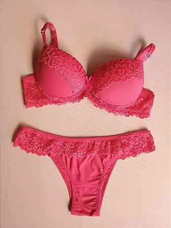 Lingerie conjunto de sutiã e calcinha renda rosa frutilly com bojo e aro