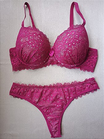 Lingerie conjunto de sutiã e calcinha renda bicolor vinho e bege com bojo e aro