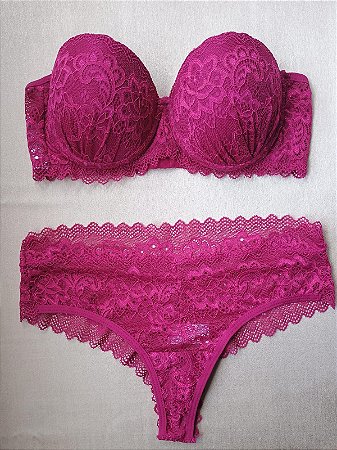 Lingerie conjunto de sutiã e calcinha meia taça renda vinho com bojo e aro