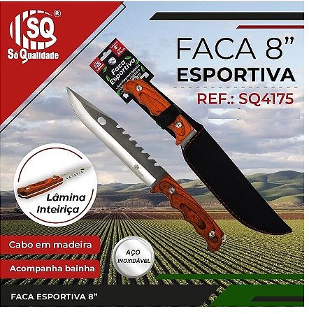 Faca Esportiva 8 Pol 34 Cm SQ4175 Cabo de Madeira Com Bainha