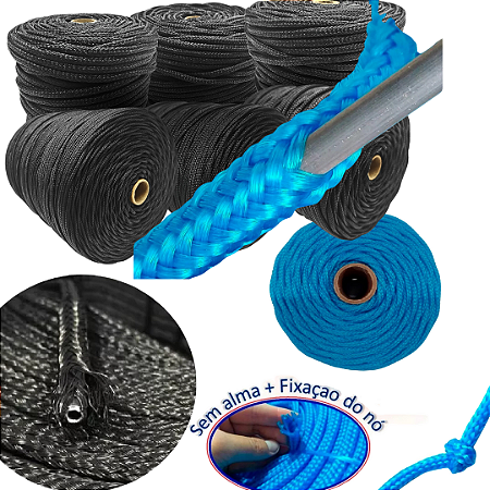 CABO TRANÇADO CORDA AZUL / PRETO PESCA OCA SEM ALMA 3,00 4,00 5,00 6,00 7,00 8,00 1,00 12,00 14,00 16,00 18,00 20,00 mm