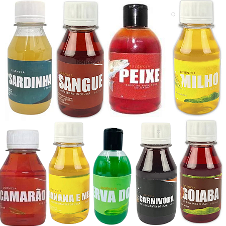 Essência Para Massa de Pesca e para Isca Milho Verde Sangue Sardinha Banana e Mel Camarão Erva Doce Goiaba 100 ml