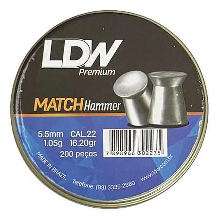 Chumbinho LDW Match Hammer Premium 5.5mm 200 Unidades 1,05g Precisão e Penetração
