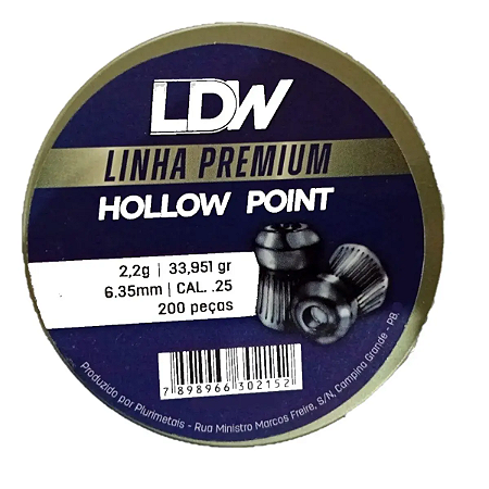 Chumbinho LDW Hollow Point Premium 6.35mm (.25) 200 Peças 2,2g Impacto e Precisão
