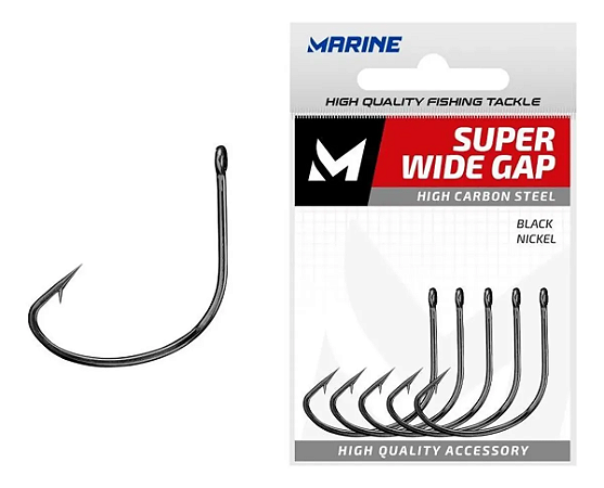 Anzol Super Wide Gap Black Nickel em Aço Carbono Cartelas Nº1 2 6 1/0 2/0 com 40/50 Unidades Marine Sports
