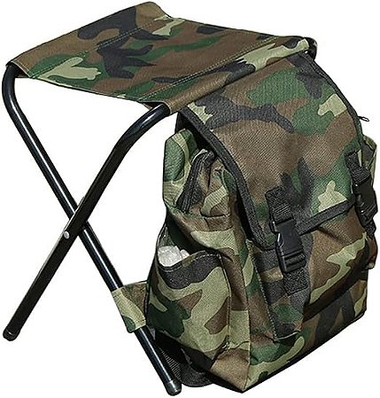 Cadeira com Bolsa Mochila Verde Camuflado Para Pesca Camping Viagem Dobrável de Aço