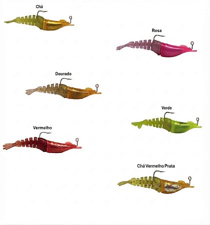 Isca Artificial Camarão Black Pearl 8,5cm C/JIG Cores Chá Pink Verde Dourado Vermelho Chá Preto