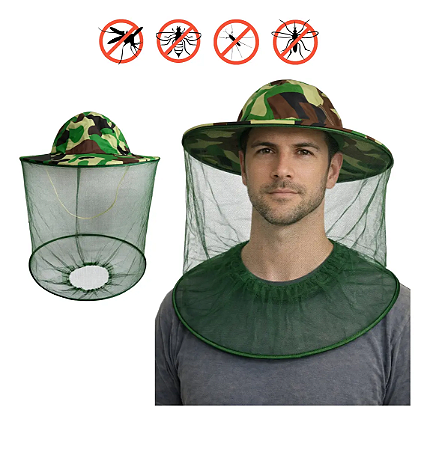 Chapéu Com Tela Mosquiteiro Camuflado Para Acampamento, camping, apiário, anti insetos, pernilongos.