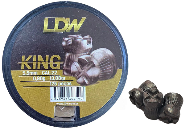 Chumbinho LDW King 5.5mm Cabeça Crusada 0,9g Alta Precisão Aprimorada Estojo 125 Unidades