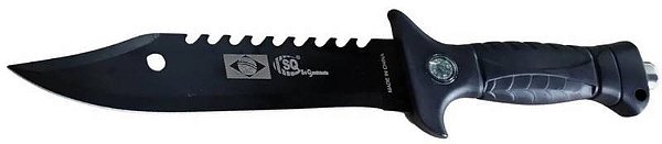 Faca Esportiva Lamina Afiada lisa e Serrilhada 32,5cm Cabo Emborrachado SQ1350 Preto Aço Inox