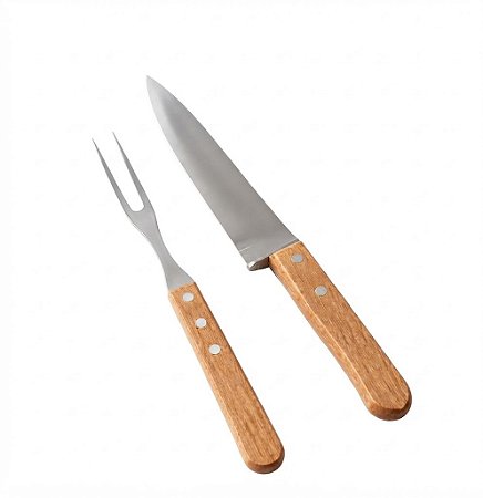 Kit Para Churrasco SQ4259 2 Peças Faca E Garfo Aço Inox Cabo De Madeira Laminas em aço inoxidável