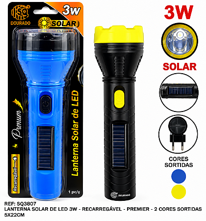 Lanterna Solar SQ3807 Manual 3W 1DEM 22x5cm Premier LED Recarregável Cores Sortidas