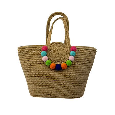 Bolsa de Praia em Palha com Pompons Coloridos