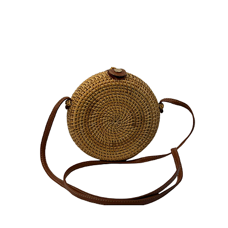 Bolsa Redonda de Palha com Alça de Couro