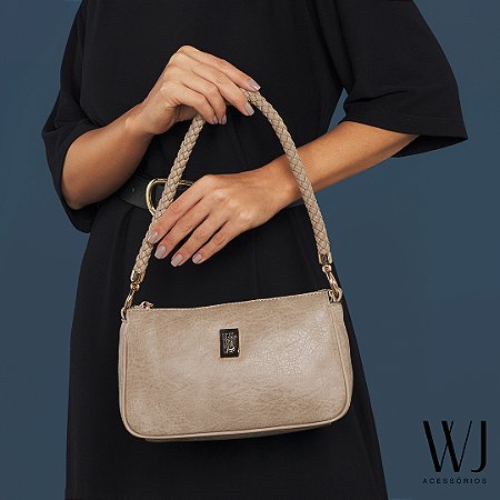 BOLSA TRANSVERSAL MEDIA COM ALÇA ROLETE TRESSE BEGE