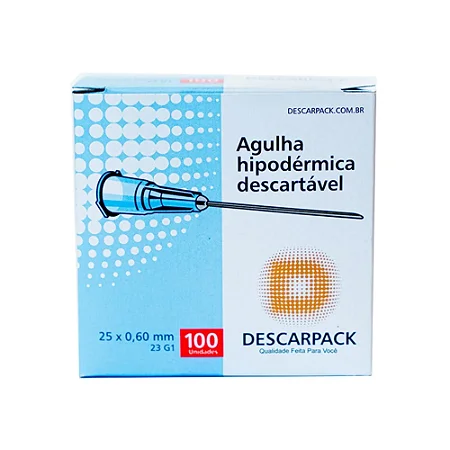 Agulha Hipodérmica 25 x 0,60mm Descarpack com 100 Unidades