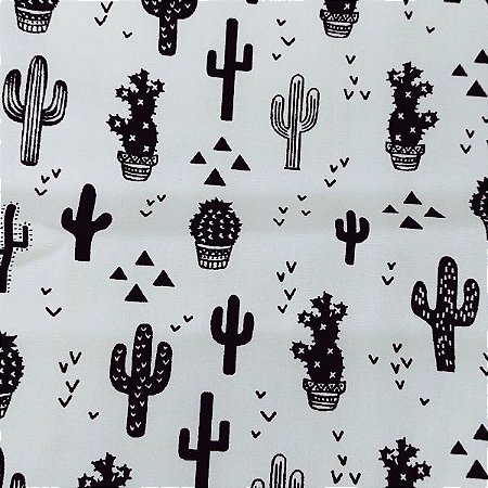 Tecido Tricoline para Patchwork com Estampa de cactos em Tons de Branco e Preto