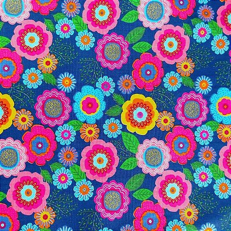 Tecido Tricoline para Patchwork com Estampa Floral Psicodélico Multicolorido em fundo Azul Marinho