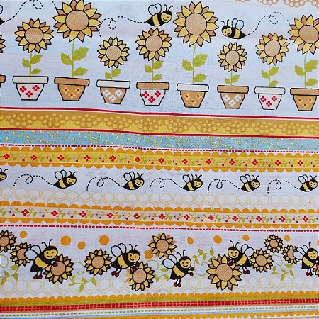 Tecido Tricoline para Patchwork com Estampa de Melancias, Abelhas, Mini Vasinhos em Faixas