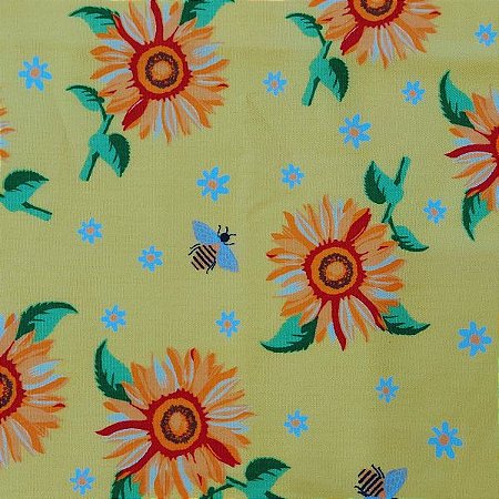 Tecido Tricoline para Patchwork com Estampa Floral em Tons de Laranja, Abelhas e Mini Florzinhas Branca em Fundo Amarelo