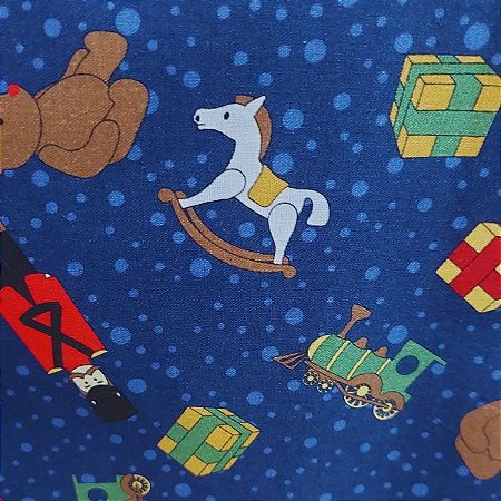Tecido Tricoline para Patchwork com Estampa Natalina Brinquedos Decorativos em Fundo Azul Marinho