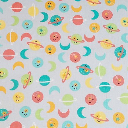 Tecido Tricoline para Patchwork com Estampa Infantil de Planetas Coloridos em Fundo Cinza