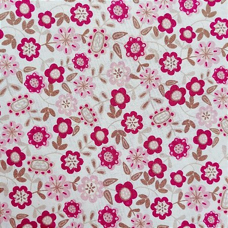 Tecido Tricoline para Patchwork com Estampa Floral em Tons de Rosa e Pink em Fundo Branco