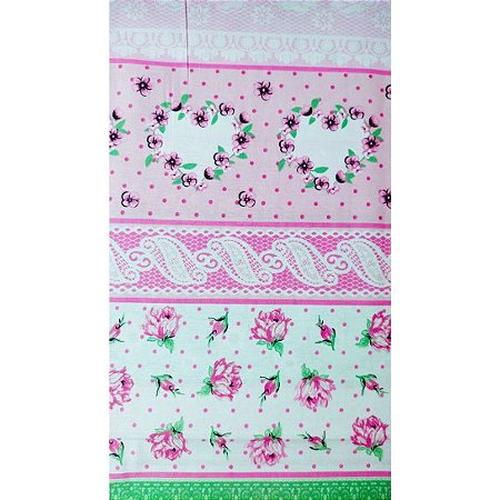 Tecido Tricoline para Patchwork Estampa com Faixas Floral, Corações em Tons de Rosa