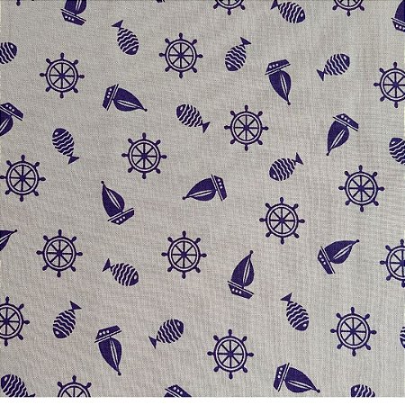 Tecido Tricoline Estampa Marítima em tons de Azul Marinho e Fundo em Bege