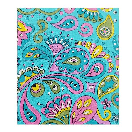 Tecido Tricoline para Patchwork com Estampa Psicodélica com Múltiplos Tons em Fundo Azul Tifani