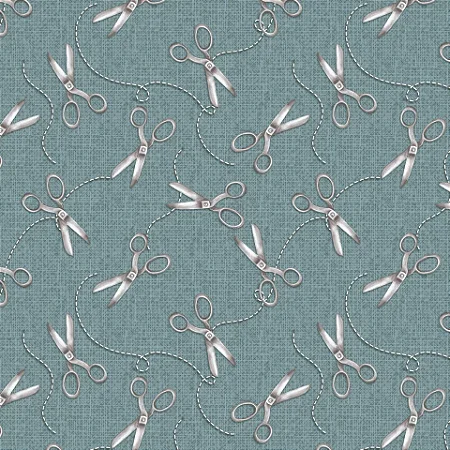 Tecido Tricoline Estampa Tesouras em Fundo Azul Jeans Coleção Unindo Pedacinhos