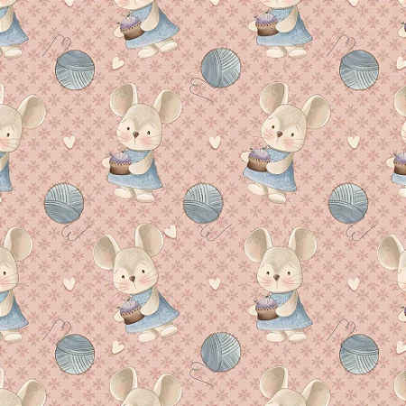 Tecido Tricoline Estampa Ratinha Costureira em Fundo Salmão Coleção Unindo Pedacinhos