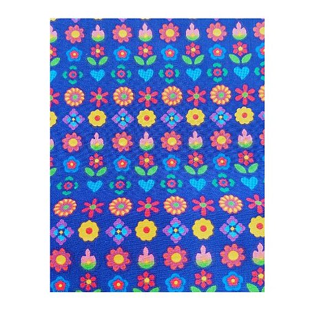 Tecido Tricoline Estampa Floral Colorida em Fundo Azul Royal
