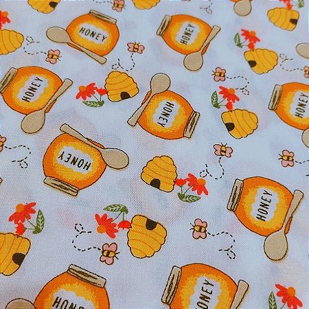Tecido Tricoline Estampa Potes de Mel, Colmeia Chá de Tarde