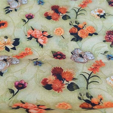 Tecido Tricoline para Patchwork Estampa Floral em Fundo Verde