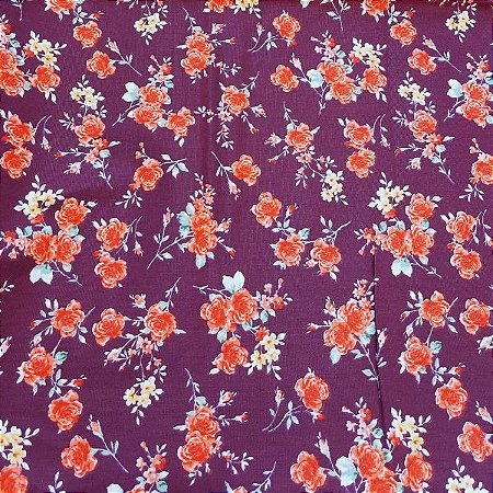 Tecido Tricoline para Patchwork Estampa Floral em Fundo Vinho Queimado