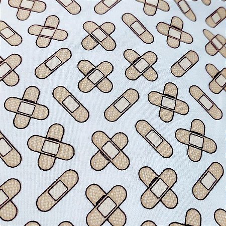 Tecido Tricoline para Patchwork com Estampa de Curativos em Fundo Branco