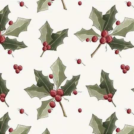 Tecido Tricoline Digital para Patchwork com Estampa de Azevinhas em Fundo Branco